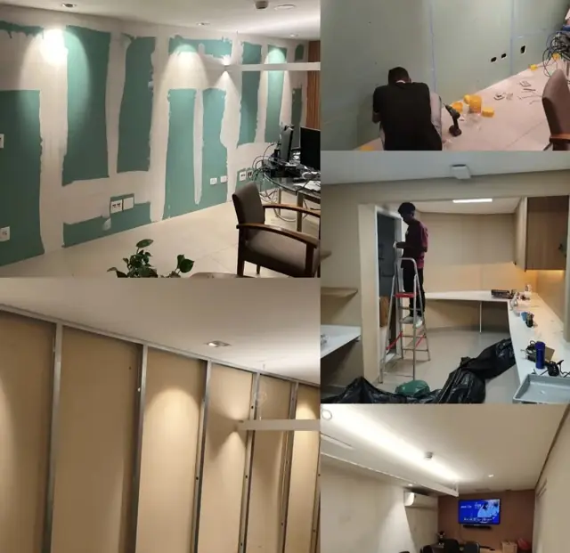 Adequação corporativa com drywall, elétrica e marcenaria