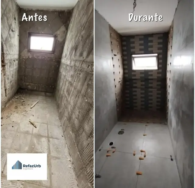 Banheiro antes e durante a reforma estrutural